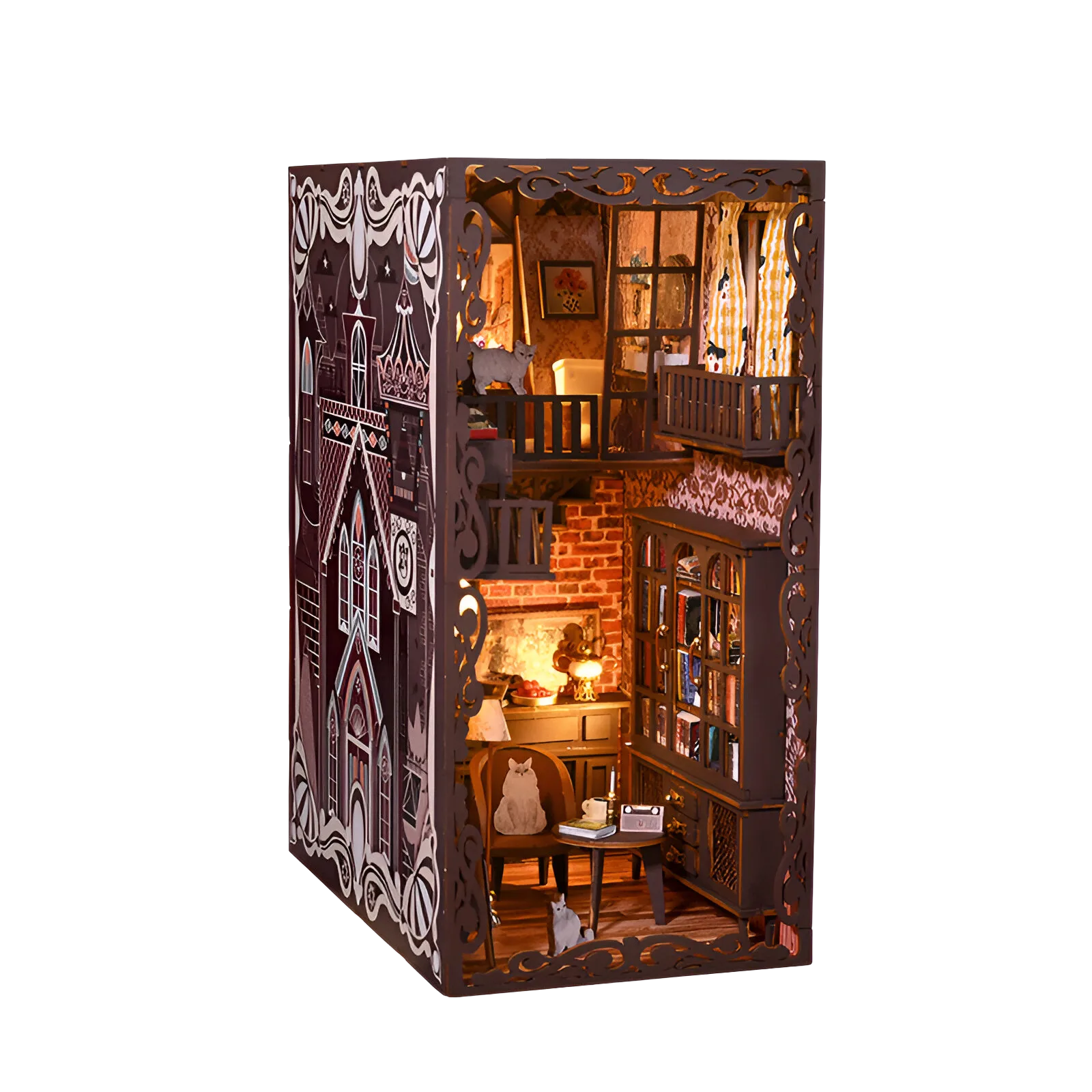 The Loft miniature: a two-story cozy apartment scene with brick walls, a bookcase and small cats.